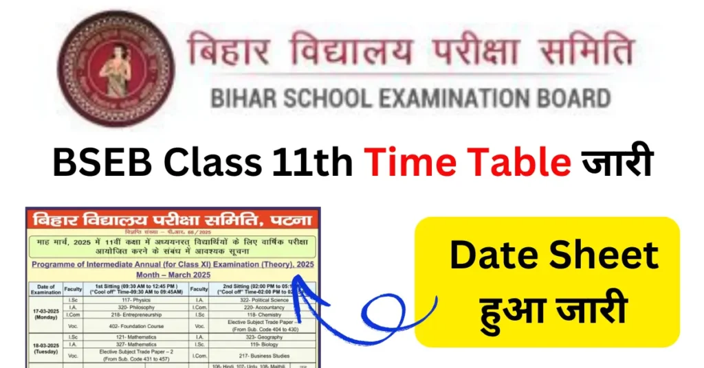 Bihar Board Class 11th Annual Time Table 2025